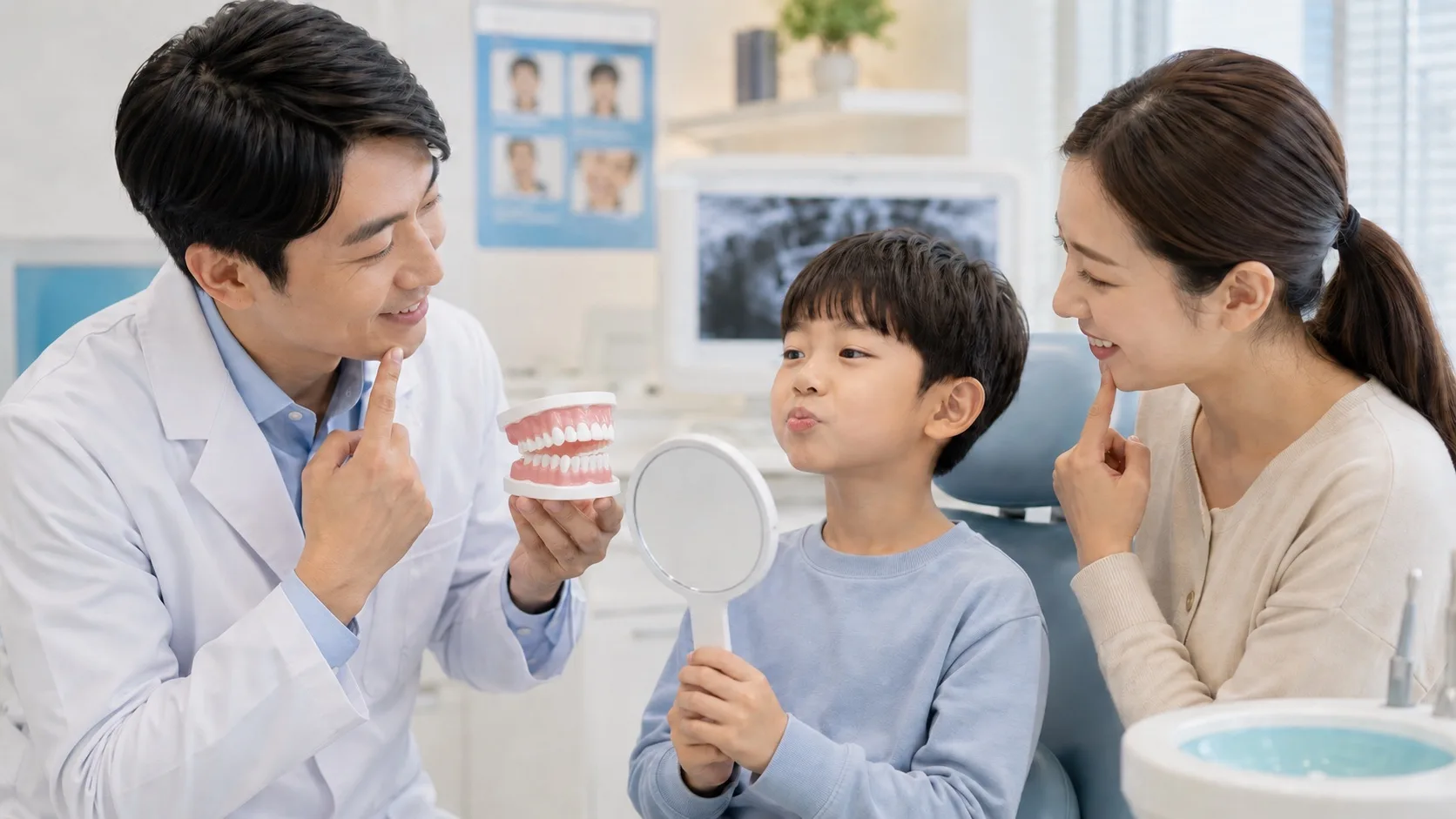 거울로 교정 확인하는 아이