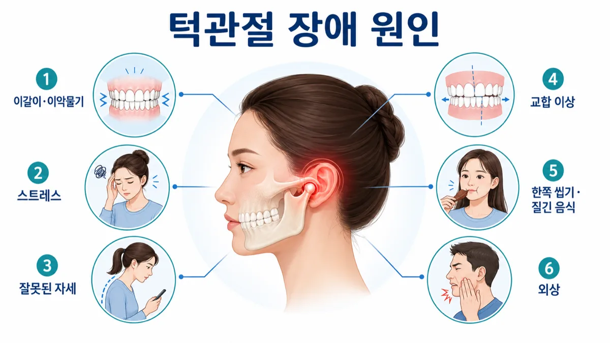 턱관절 장애의 6가지 원인 — 이갈이·이악물기, 스트레스, 잘못된 자세, 교합 이상, 한쪽 씹기·질긴 음식, 외상